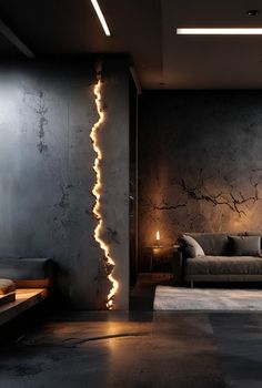 a living room filled with furniture and a lit up candle on the wall next to it