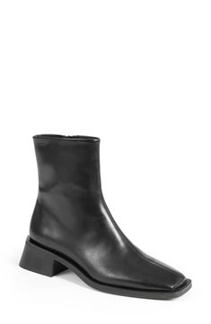 An inverted stacked heel brings modern lift to this square-toe bootie lined with breathable leather. 1 3/4" heel 7 1/4" shaft Side zip closure Leather upper and lining/synthetic sole Imported Women's Shoes Leather Boots Outfit, Vagabond Boots, Low Heel Ankle Boots, Chelsea Boot Women, Modern Shoes, Pointed Toe Boots, Heel Ankle Boots, Sneaker Jewelry, Mary Jane Pumps