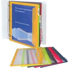 a binder with five different colored folders