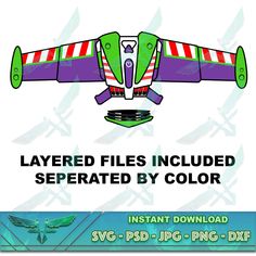 an airplane with the words layered files included separated by color on it's side