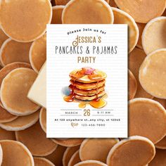 pancakes and pancakes party flyer on top of the table with lots of pancakes