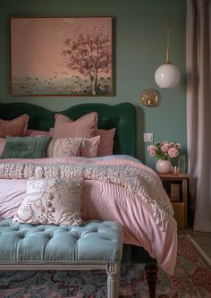 a bed with pink and green pillows in a bedroom next to a painting on the wall