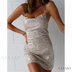 Lasaky - Glamorous Party Dress with Glittering Back Accent Sleeveless Sequin Dress For Club And Holiday, Glamorous Embellished Sequin Dress For Party Season, Prom Sequin Fabric, Sparkling For Summer, Summer Prom Sequin Fabric With Sparkling Details, Glamorous Shimmer Sequin Fabric For Spring, Sparkling Sequin Fabric For Summer Prom, Summer Sequin Fabric For Prom, Sparkling Backless Sequin Cocktail Dress, Sparkling Backless Sequin Dress For Cocktail