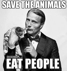 a man in a tuxedo holding a cat with the caption save the animals eat people