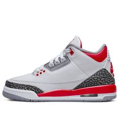 the air jordan 3 is in white and grey with red accents on the upper part