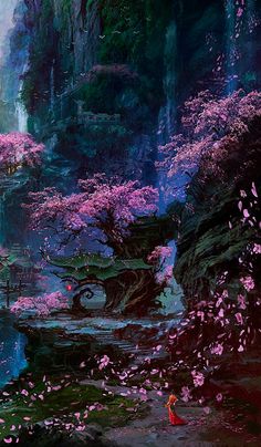 a painting of trees and water with pink flowers