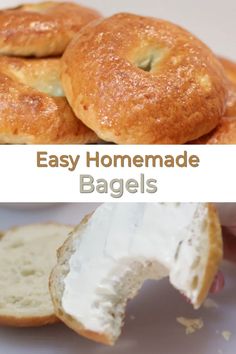 bagels with cream cheese on top and the words easy homemade bagels above them