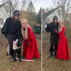 two people in costumes posing with a dog