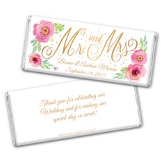 two wedding candy bars with gold foil lettering and pink flowers on the top one is for mr and mrs