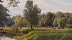 an oil painting of people on a boat in the water near some trees and grass