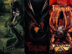 three different anime covers, one with an angry bird and the other with a demon