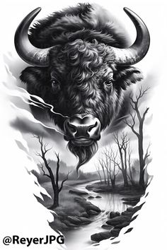 a black and white drawing of a bison in the woods with trees on it's side