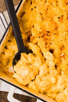 a casserole dish filled with macaroni and cheese