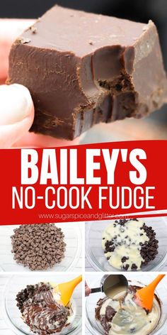 a collage of photos showing how to make bailey's no - cook fudge