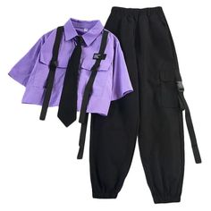 Autumn Streetwear, Mode Mantel, Shirt With Tie, Pop Pop Shirts, Streetwear Pants, Makijaż Smokey Eye, Style Cargo, Purple Shirt, College Fashion