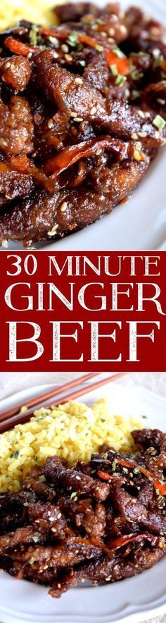 an advertisement for the 30 minute ginger beef recipe on a plate with rice and carrots