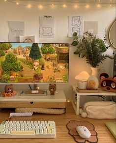 a living room filled with furniture and a flat screen tv on top of a wooden table