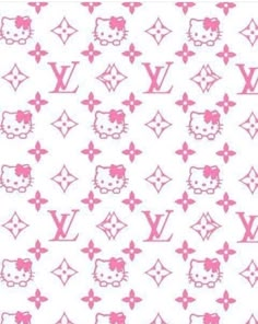 pink and white wallpaper with an image of hello kitty