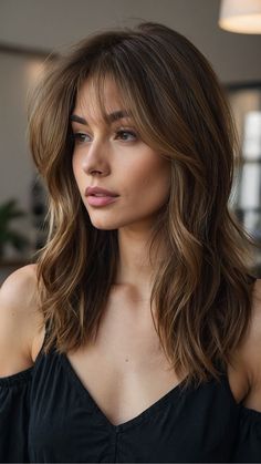 Just Past Shoulder Length Hair Haircuts, Bangs For Mid Length Hair, Haircuts For More Volume Fine Hair, Medium Length Haircut Without Bangs, Shoulder Length Hair Long Bangs, Medium Length Dark Hair With Bangs, Medium Hair Cuts For Fine Hair, Mid Length Haircuts For Fine Hair, Medium Length Haircut With Long Bangs