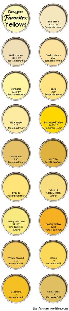 the different shades of yellow paint in various sizes and colors, all with their names on them