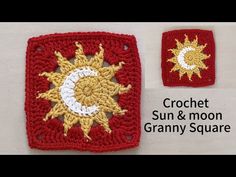 crochet sun and moon granny's square is shown in red, yellow and white