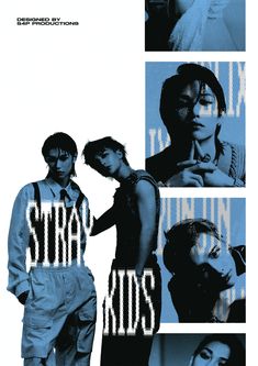 two young men standing next to each other in front of blue and white background with the words stray kids on it