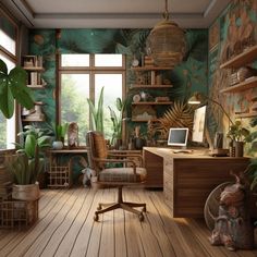 a room with lots of plants in it and a chair on the floor next to a desk