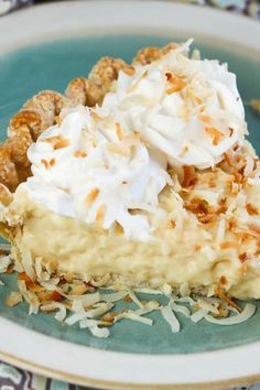 a slice of coconut cream pie on a plate