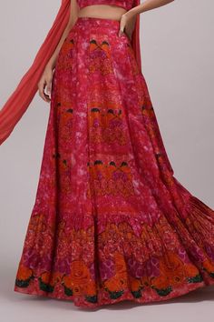 Orange attached cancan lehenga with floral print. Paired with sequin work padded blouse and border embroidered dupatta. - Aza Fashions Bohemian Designer Lehenga With Printed Motifs, Red Semi-stitched Bohemian Lehenga, Red Silk Anarkali Set With Printed Motifs, Reception Lehenga With Printed Motifs In Georgette, Red Bohemian Lehenga With Resham Embroidery, Bohemian Red Lehenga In Art Silk, Bohemian Choli With Printed Motifs For Diwali, Bohemian Silk Anarkali Set For Wedding, Bohemian Red Art Silk Lehenga