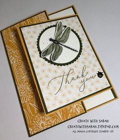 a close up of a card with a dragonfly on it's side and thank you written in the middle