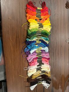 there are many skeins of yarn on the table and one is multicolored