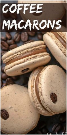 coffee macarons are stacked on top of each other with the words coffee macaroons above them