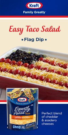 an advertisement for a taco salad with tomatoes and black olives on it is shown