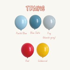 four balloons are shown with the names of them in red, blue, and yellow