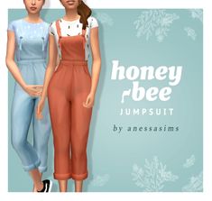 two women in overalls standing next to each other with the words honey bee jumpsuit by anessasims