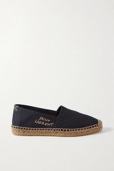 SAINT LAURENT's black espadrilles have been carefully crafted in Spain from breathable canvas. They're embroidered with the house's logo in a contrasting light-brown hue and rest on jute soles grounded with rubber for traction. Wear yours with everything from shorts to jeans. Saint Laurent Tote, Embroidered Canvas, Black Espadrilles, Saint Laurent Shoes, Chanel Espadrille, Kendall Jenner Style, Flat Espadrilles, Espadrille Shoes, Gold Leather