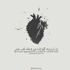 an arabic quote with birds flying around it and the words, all of your aggression is a mask for a bitter heart