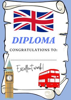 a certificate with the flag of england and a red bus in front of big ben