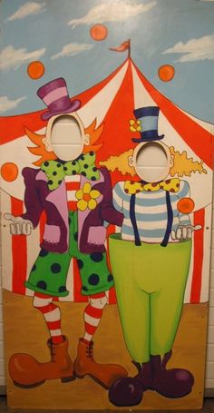 a painting of two clowns standing in front of a circus tent with an umbrella