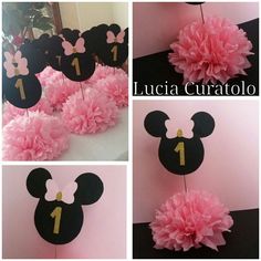 pink and black minnie mouse decorations for a 1st birthday party or baby's first birthday