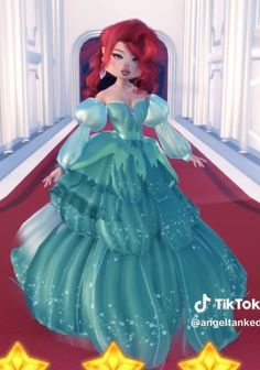 an animated image of a woman in a green dress on a red carpet with stars around her