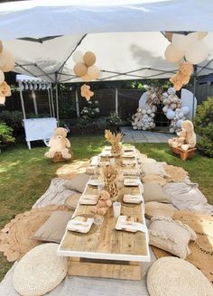 a table set up with teddy bears and pillows for an outdoor picnic or baby shower