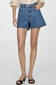 MANGO High Waist Denim Shorts | Nordstrom High Waist Denim Bermuda Shorts With Pockets, High Rise Cotton Bermuda Shorts For Summer, High Waist Denim Bermuda Shorts For Summer, High-waisted Jean Shorts With Pockets, High-waist Denim Bermuda Shorts For Summer, Dark Wash Summer Shorts, Mid-rise Denim Bermuda Shorts For Summer, High-waisted Cotton Jean Shorts With Pockets, Denim Bermuda Shorts For Summer