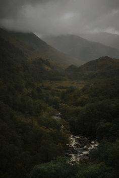 the mountains are covered with trees and grass