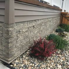 the side of a house with rocks and plants