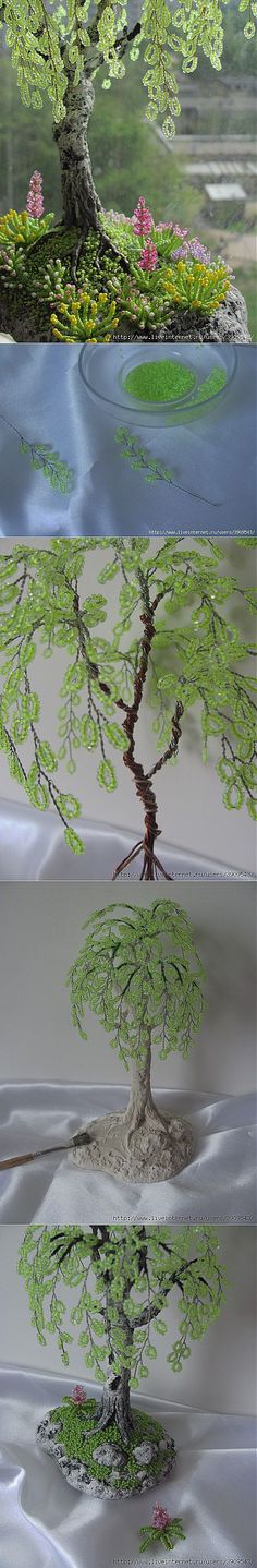 the four stages of growing trees are shown in three different pictures, each with green leaves and flowers