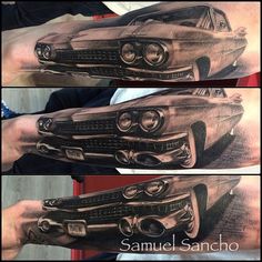 this is an image of a car tattoo on someone's left arm and hand