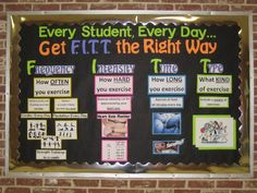 a bulletin board with words and pictures on it that read every student every day get fit the right way