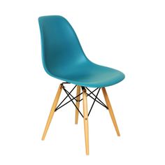 a blue plastic chair with wooden legs