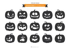 halloween pumpkins with different faces and mouths, all in black on a white background